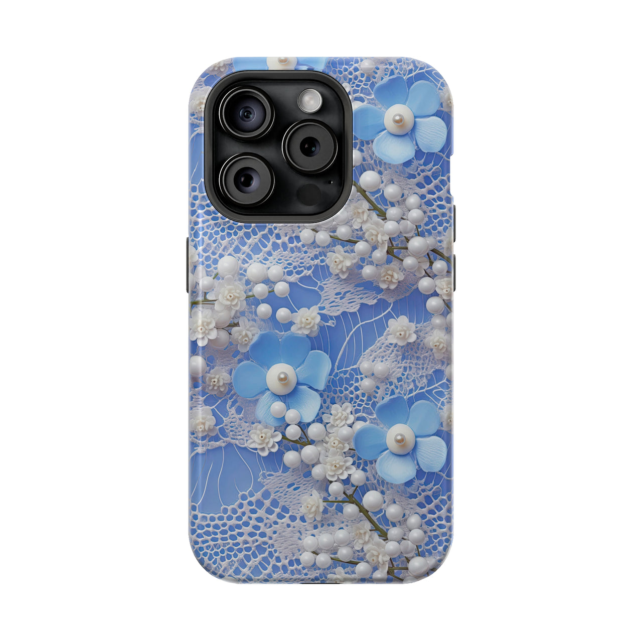 Pearls and Lace on Baby Blue - MagSafe Tough Case for iPhone 15, iPhone 15 Pro, iPhone 15 Plus, & iPhone 15 Pro Max