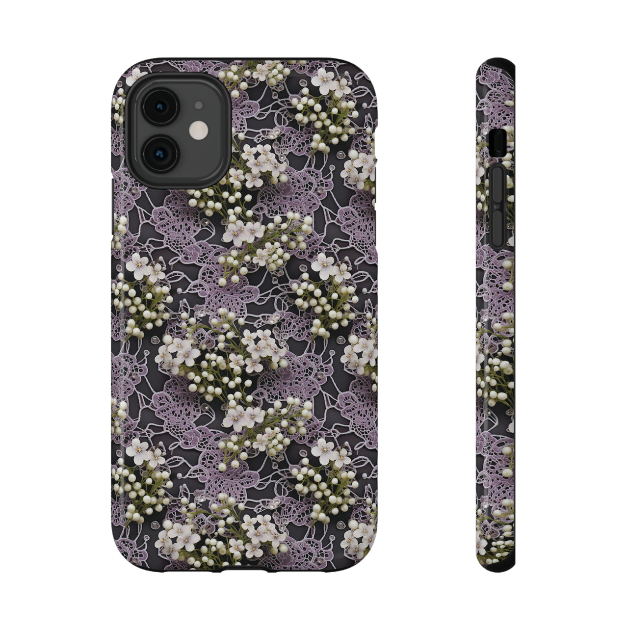 White Flowers on a Purple Bed - Impact-Resistant Cases for iPhone 11, iPhone 11 Pro, and iPhone 11 Pro Max. Supports Wireless Charging.