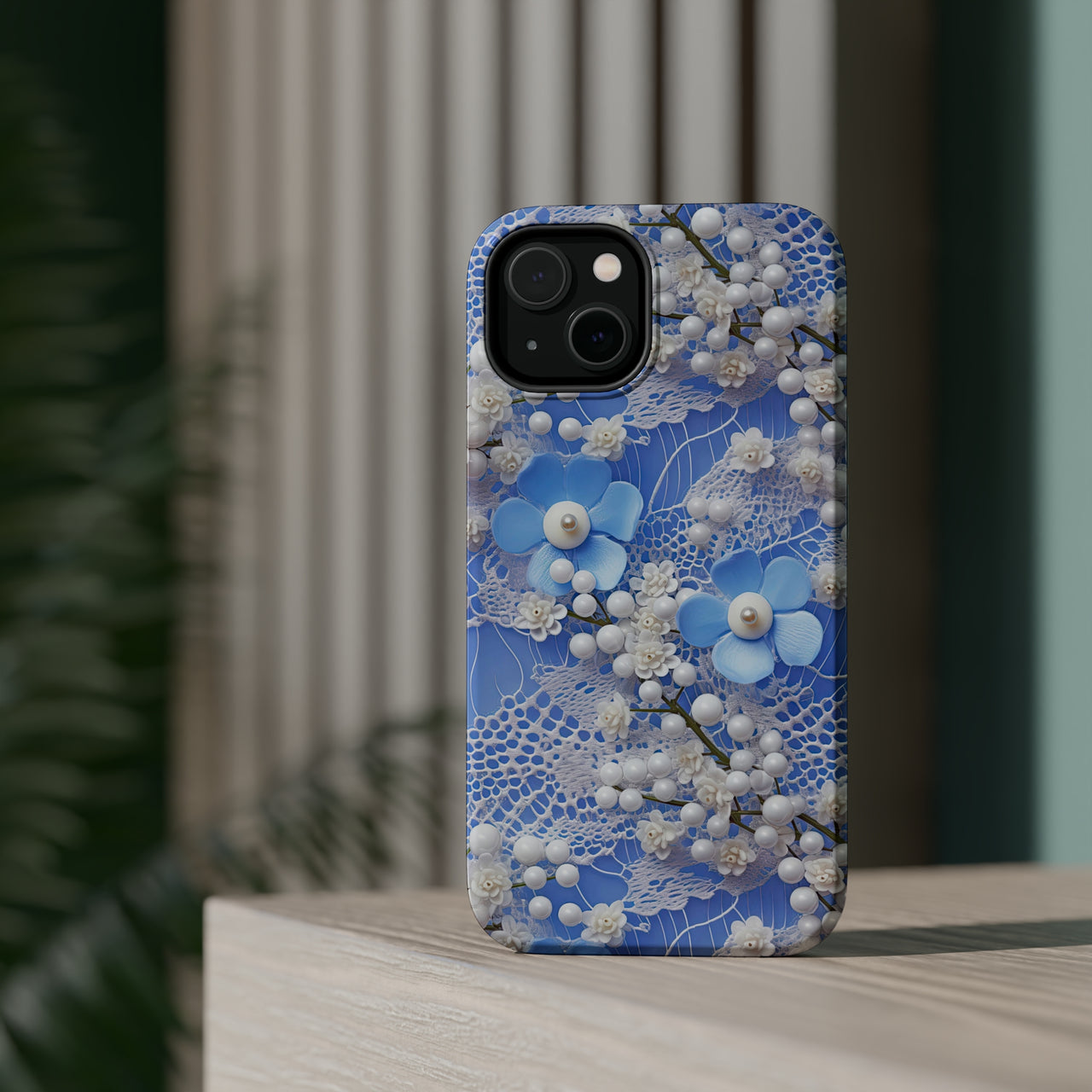 Pearls and Lace on Baby Blue - MagSafe Tough Cases for iPhone 14, iPhone 14 Pro, iPhone 14 Plus, and iPhone 14 Pro Max