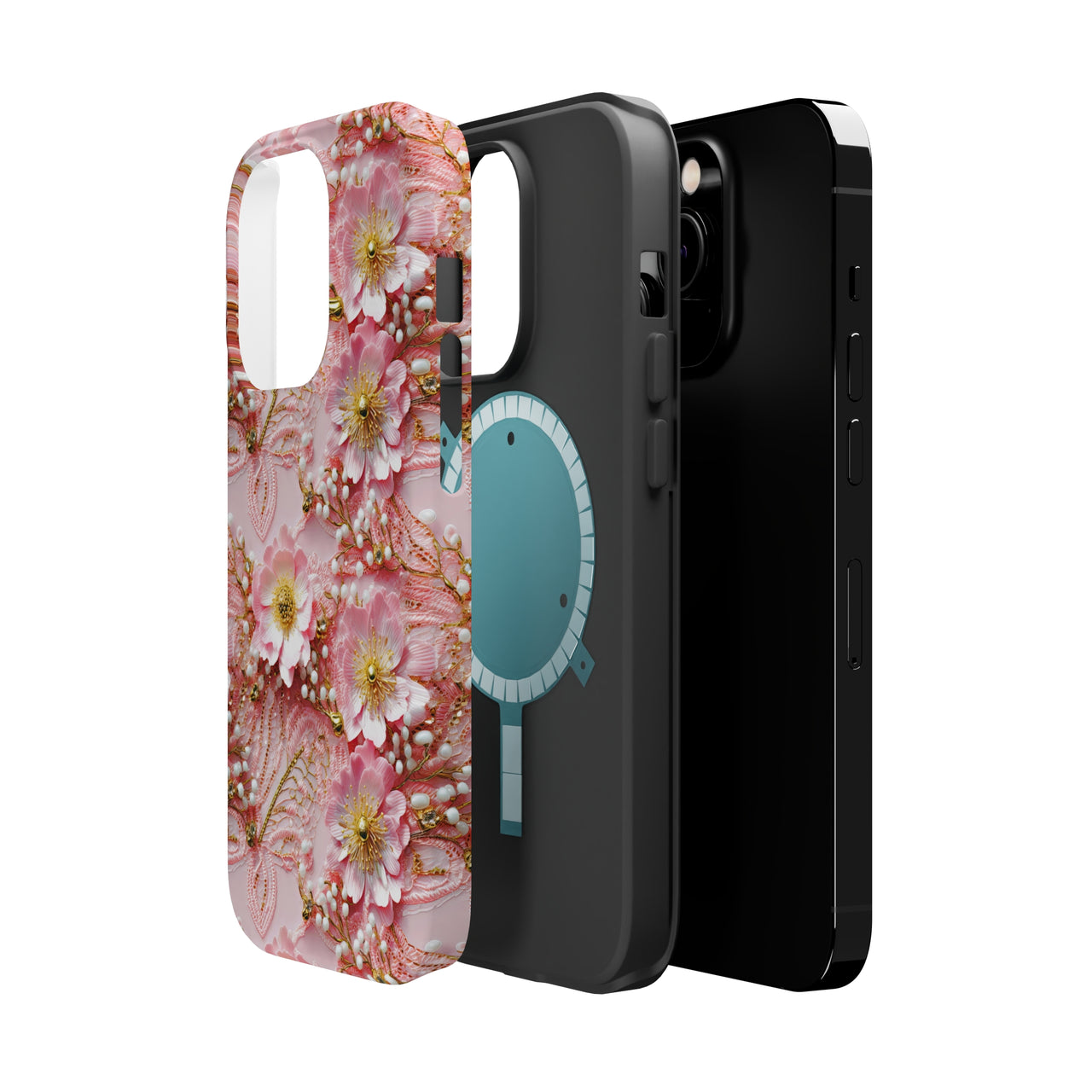 Gold-Kissed Flowers on Pink Lace - MagSafe Tough Case for iPhone 14, iPhone 14 Pro, iPhone 14 Plus, and iPhone 14 Pro Max