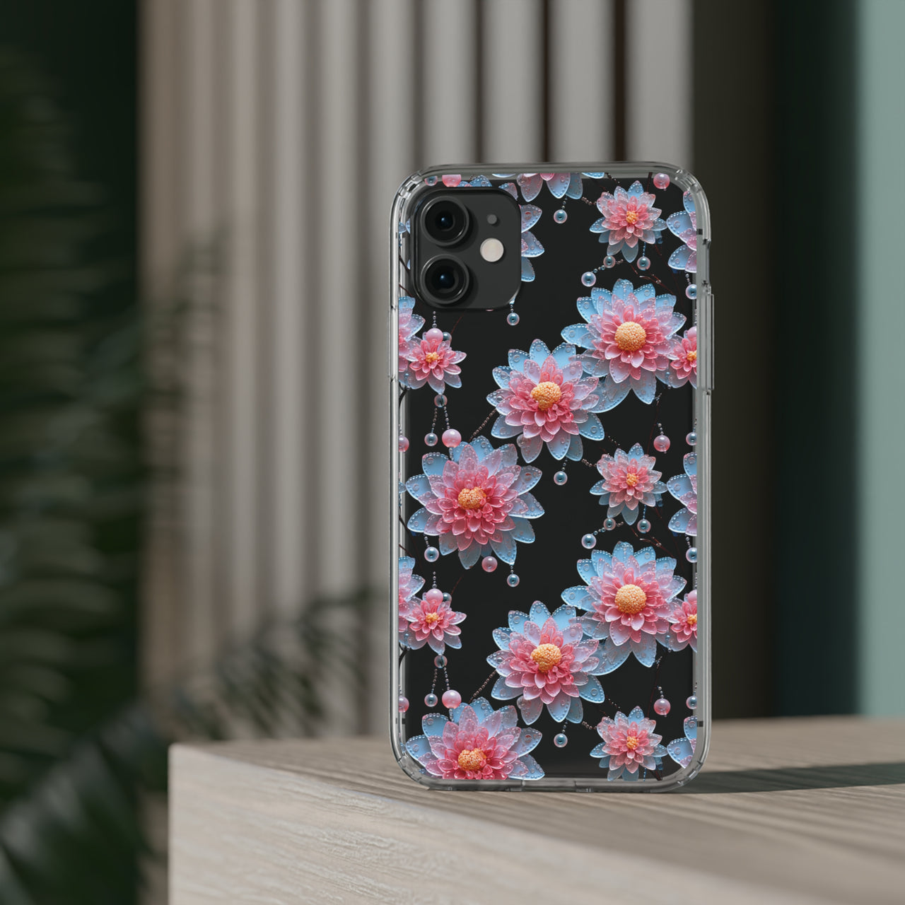 *Clear Case* Pink and Blue Glass Flowers - iPhone 11, iPhone 11 Pro, iPhone 11 Pro Max - Supports Wireless Charging