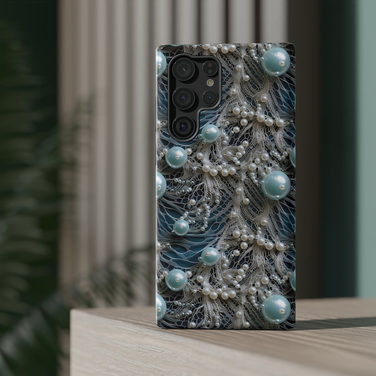 Sea Foam Lace and Pearls Impact-Resistant Cases for Samsung Galaxy S22, Samsung Galaxy S22 Plus, and Samsung Galaxy S22 Ultra. Supports Wireless Charging.