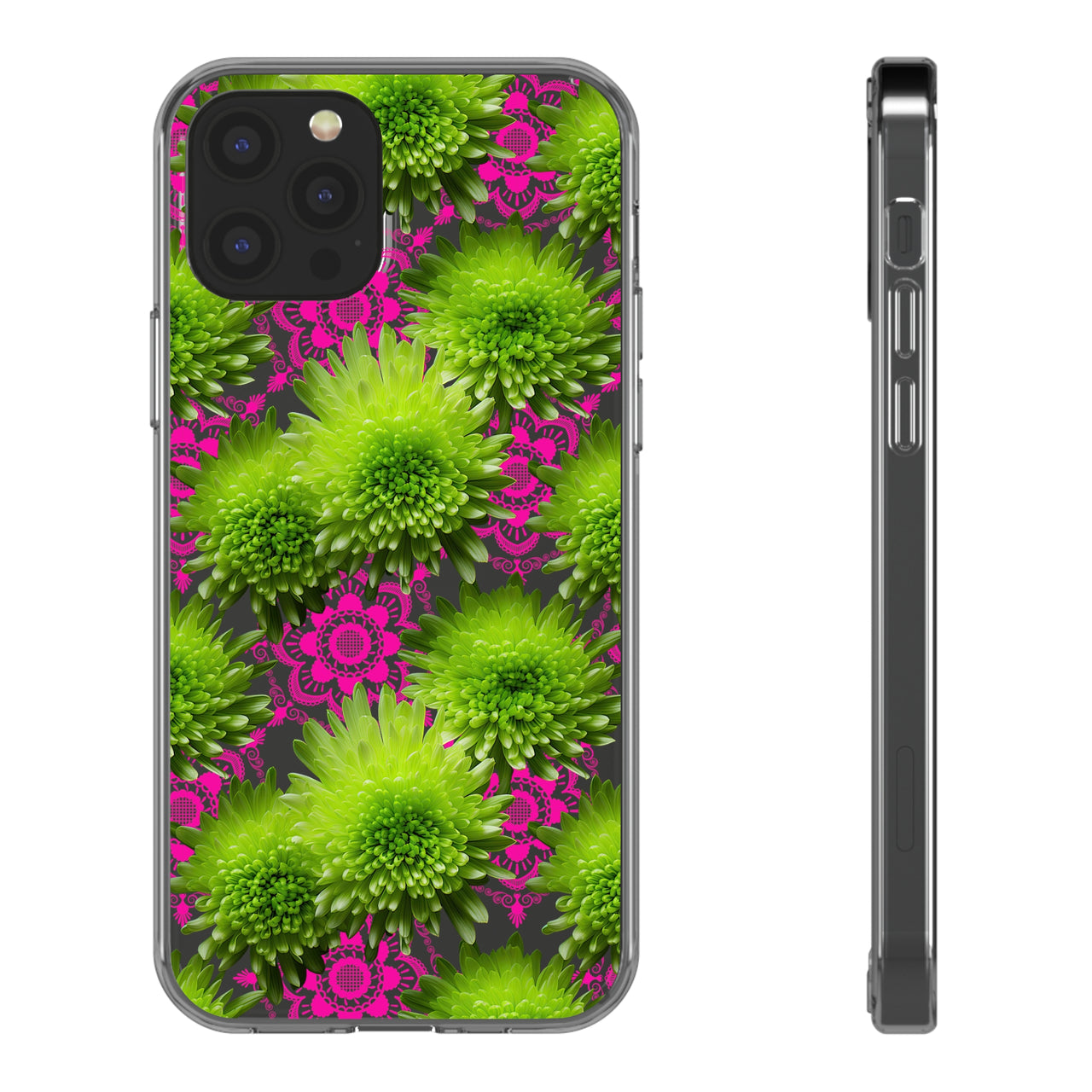 *Clear Case* Green Mums and Lace - iPhone 12, iPhone 12 Mini, iPhone 12 Pro, iPhone 12 Pro Max - Supports Wireless Charging