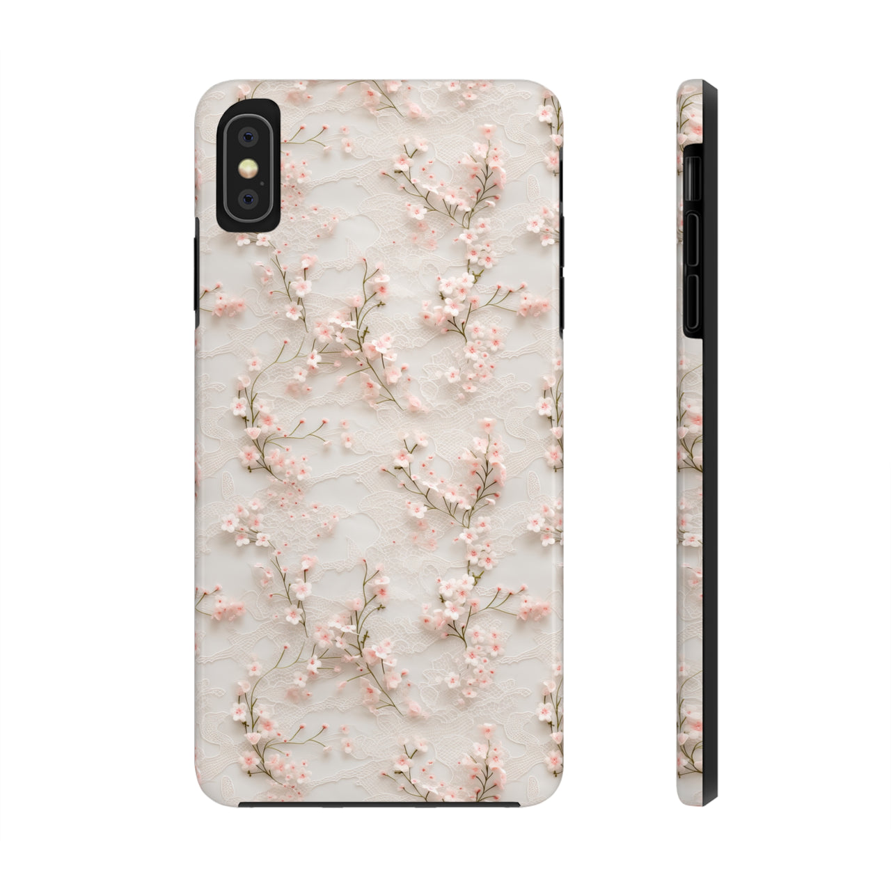 White Lace and Cherry Blossoms Tough Phone Case for iPhone X, iPhone XR, iPhone XS, and iPhone XS MAX. Supports Wireless Charging.