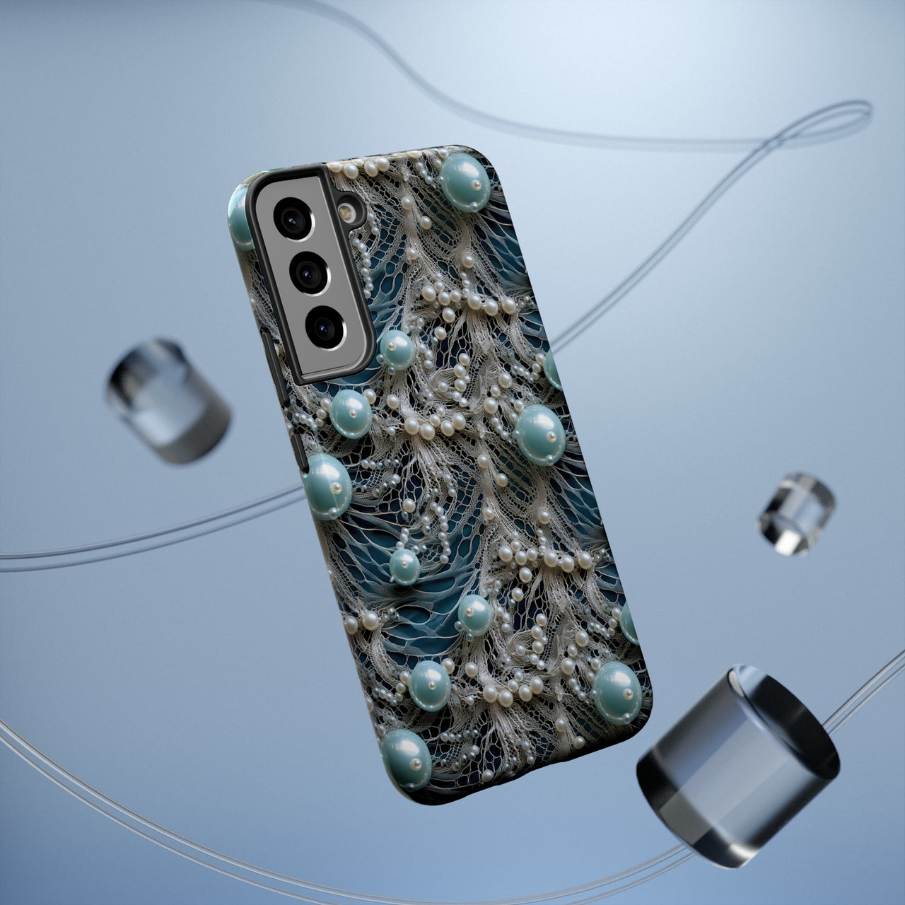 Sea Foam Lace and Pearls Impact-Resistant Cases for Samsung Galaxy S22, Samsung Galaxy S22 Plus, and Samsung Galaxy S22 Ultra. Supports Wireless Charging.