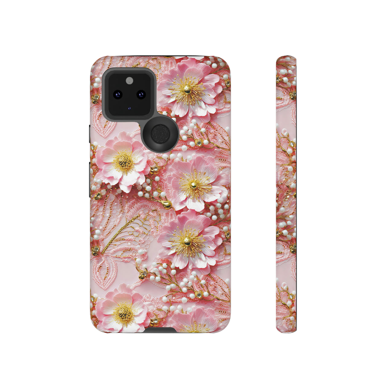 Gold-Kissed Flowers on Pink Lace - Tough Case for Google Pixel 5 5G