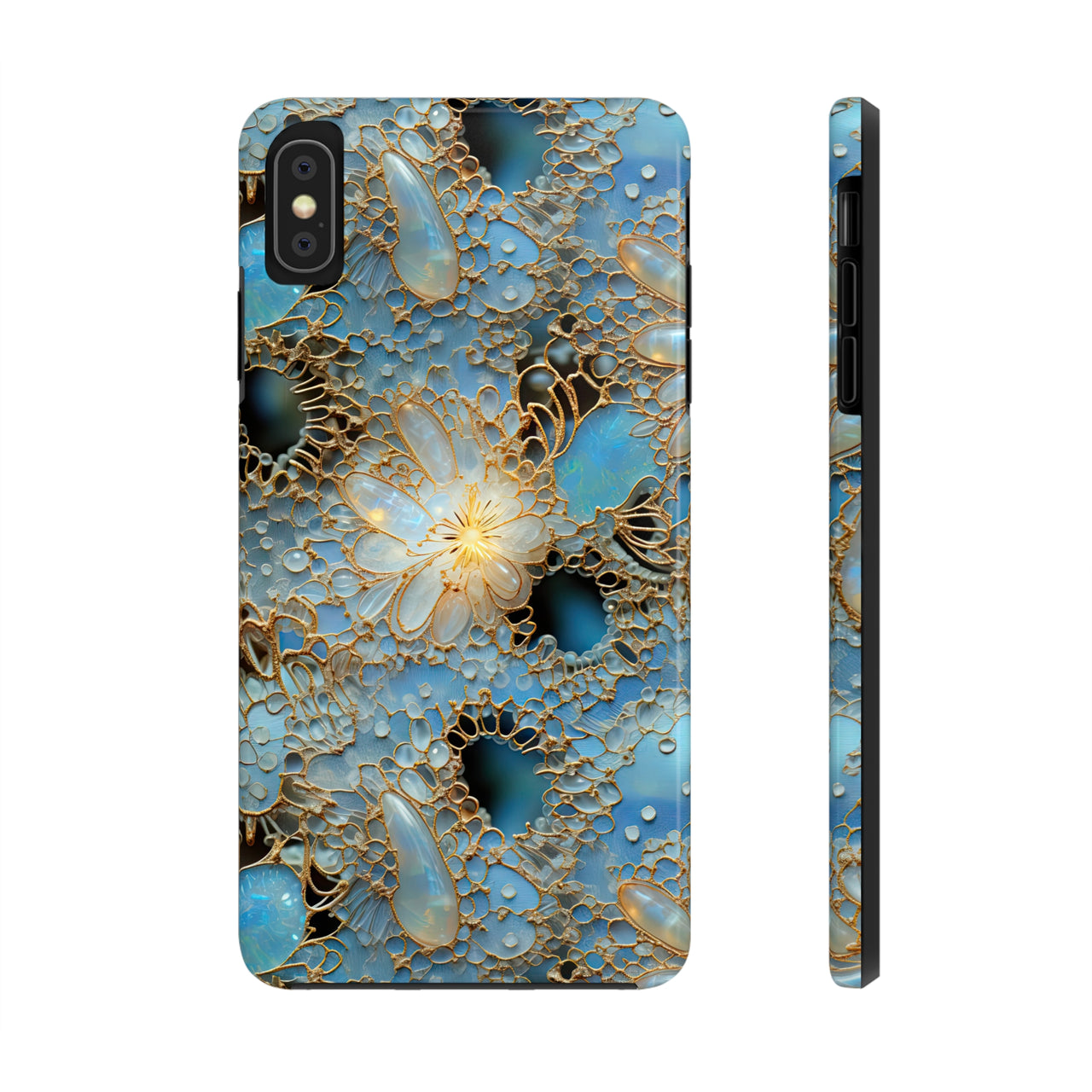 Gemstones and Gold Lace Tough Phone Cases for iPhone X, iPhone XR, iPhone XS, and iPhone XS MAX. Supports Wireless Charging.