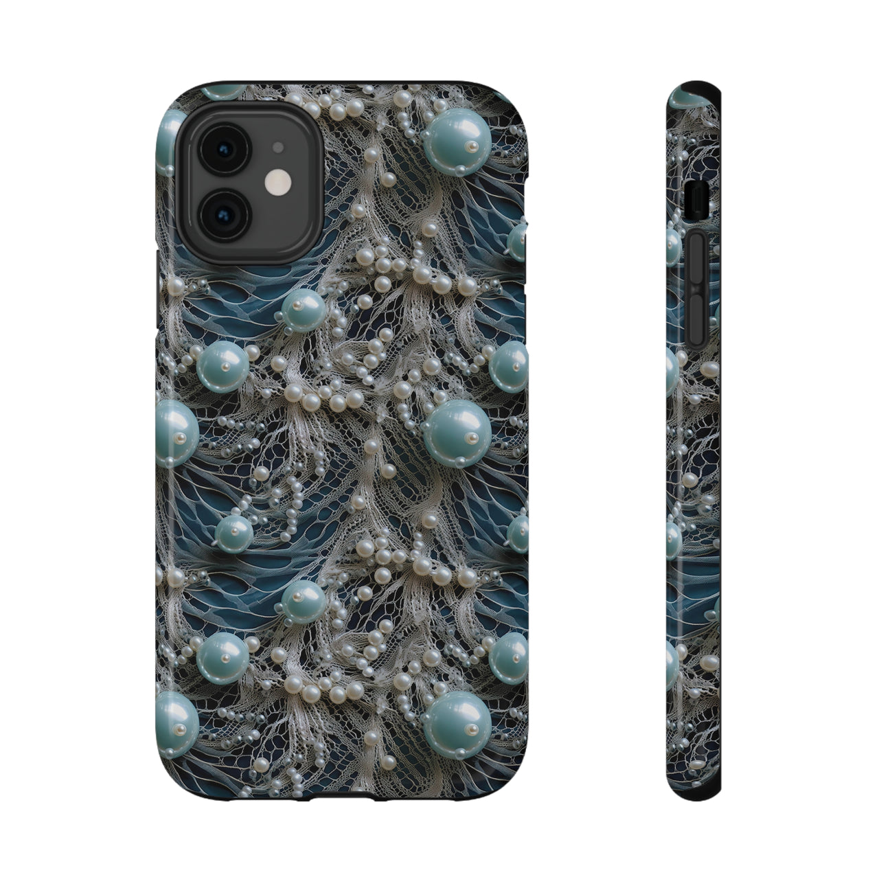 Sea Foam Lace and Pearls Impact-Resistant Cases for iPhone 11, iPhone 11 Pro, and iPhone 11 Pro Max. Supports Wireless Charging.