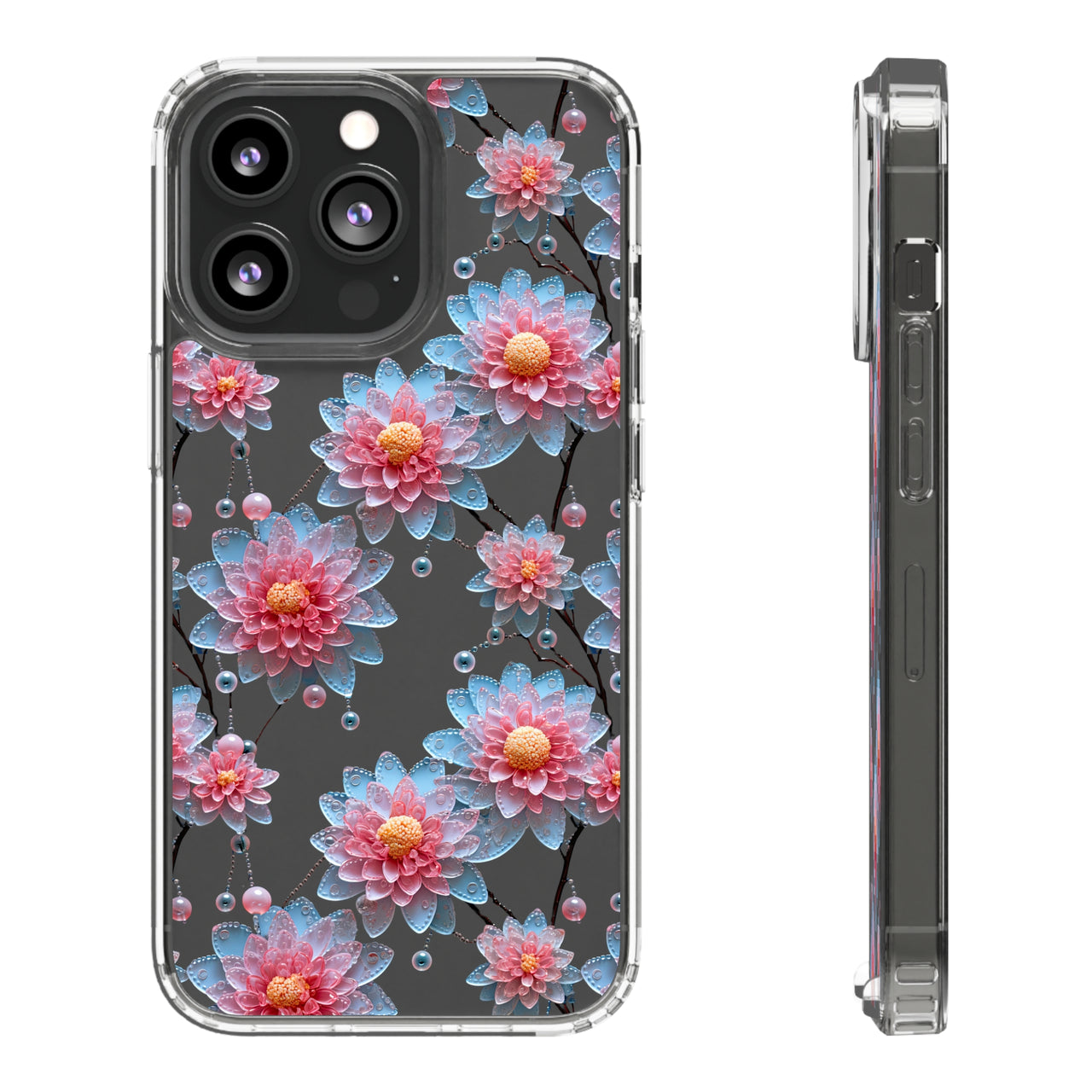 *Clear Case* Pink and Blue Glass Flowers - iPhone 13, iPhone 13 Mini, iPhone 13 Pro, iPhone 13 Pro Max - Supports Wireless Charging