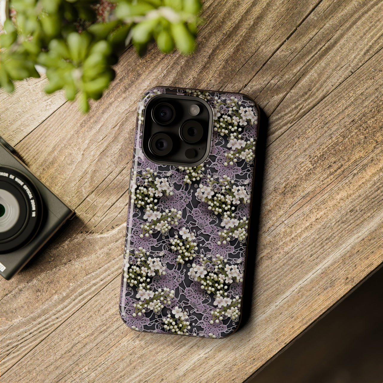 White Flowers on a Purple Bed - MagSafe Tough Case for iPhone 15, iPhone 15 Pro, iPhone 15 Plus, & iPhone 15 Pro Max