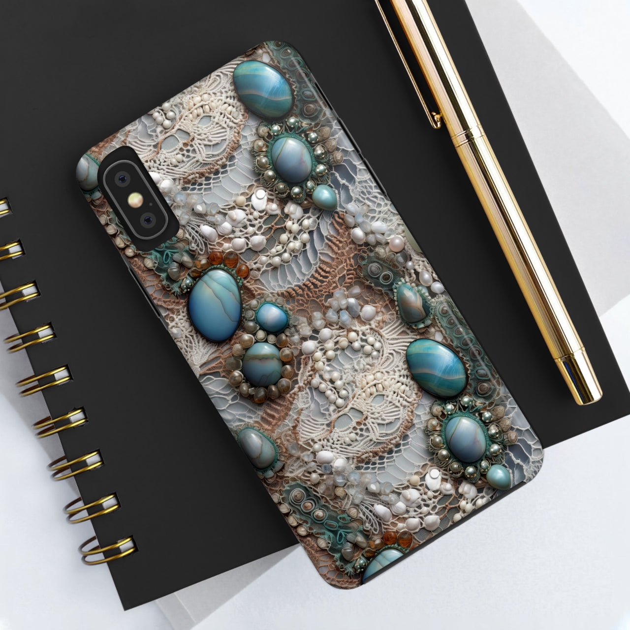 Boho Agate and Lace Tough Phone Cases for iPhone X, iPhone XR, iPhone XS, and iPhone XS MAX. Supports Wireless Charging.