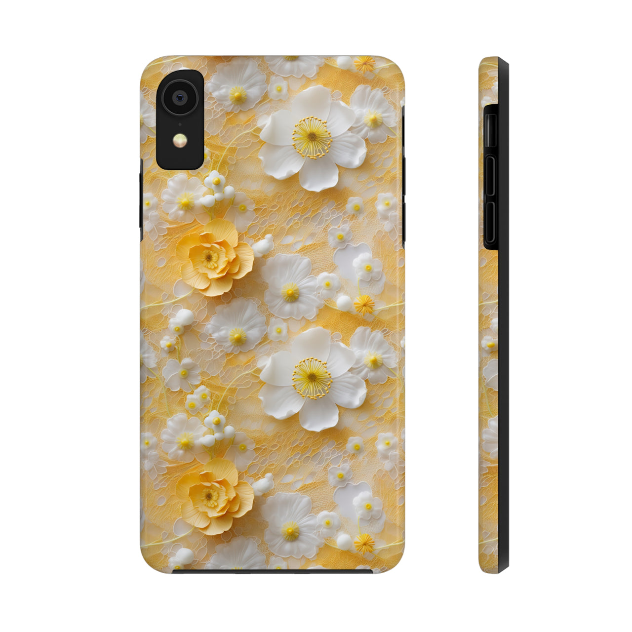 Yellow Floral Tough Phone Cases for iPhone X, iPhone XR, iPhone XS, and iPhone XS MAX. Supports Wireless Charging.