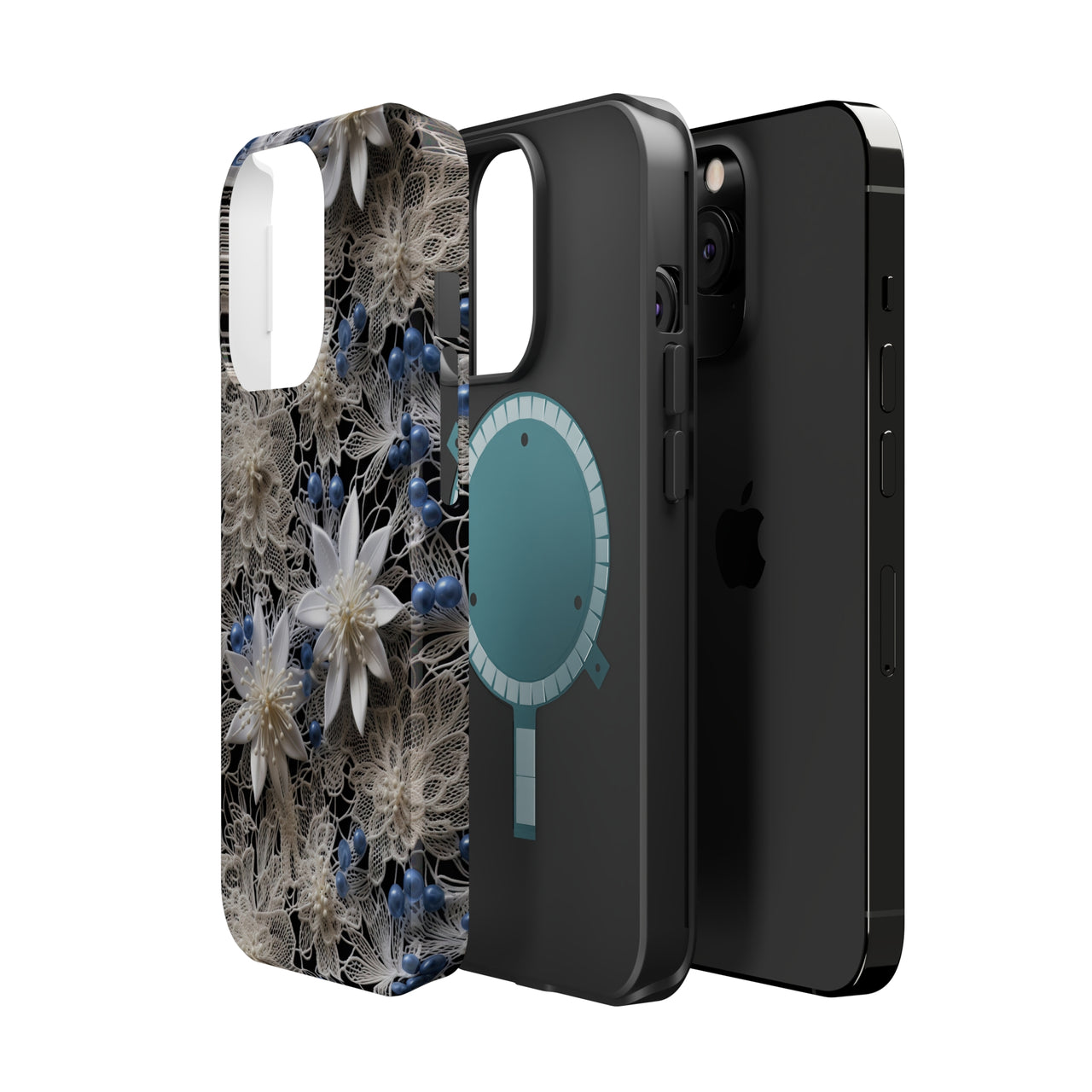 Vintage Lace and Clematis MagSafe Tough Cases for iPhone 13, iPhone 13 Mini, iPhone 13 Pro, and iPhone 13 Pro Max.