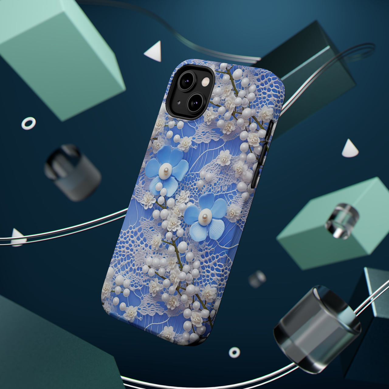 Pearls and Lace on Baby Blue - MagSafe Tough Cases for iPhone 14, iPhone 14 Pro, iPhone 14 Plus, and iPhone 14 Pro Max