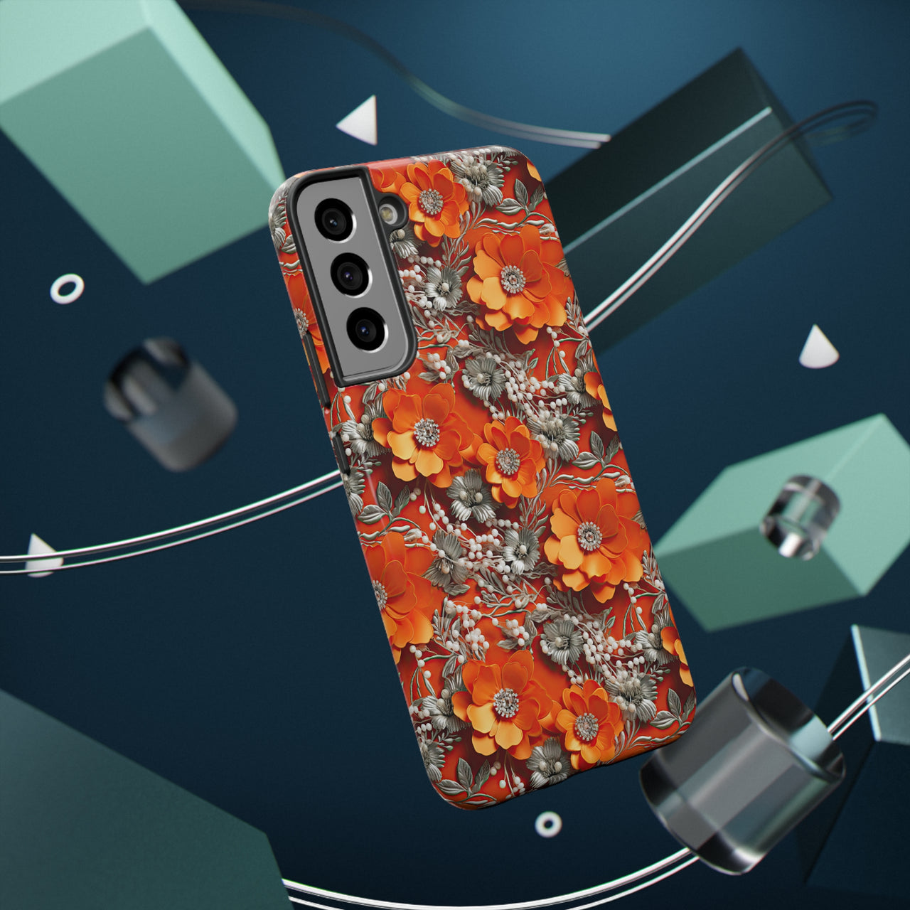 Orange Petals in Silver Tapestry Impact-Resistant Case for Samsung Galaxy S22, Samsung Galaxy S22 Plus, and Samsung Galaxy S22 Ultra. Supports Wireless Charging.