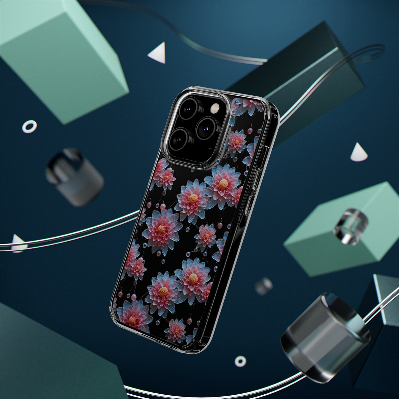 *Clear Case* Pink and Blue Glass Flowers - iPhone 14, iPhone 14 Pro, iPhone 14 Plus, iPhone 14 Pro Max - Supports Wireless Charging