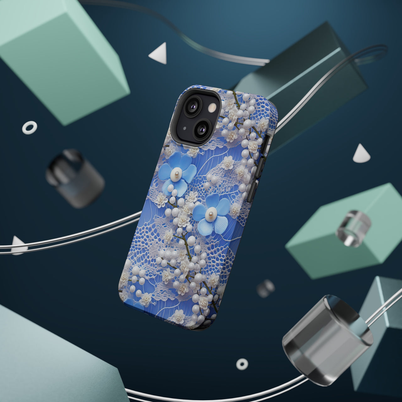 Pearls and Lace on Baby Blue - MagSafe Tough Cases for iPhone 13, iPhone 13 Mini, iPhone 13 Pro, and iPhone 13 Pro Max.