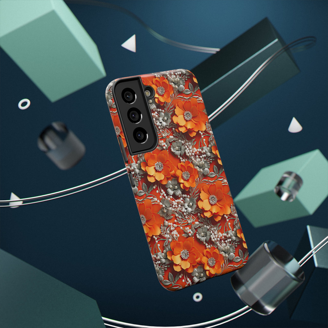 Orange Petals in Silver Tapestry Impact-Resistant Case for Samsung Galaxy S22, Samsung Galaxy S22 Plus, and Samsung Galaxy S22 Ultra. Supports Wireless Charging.