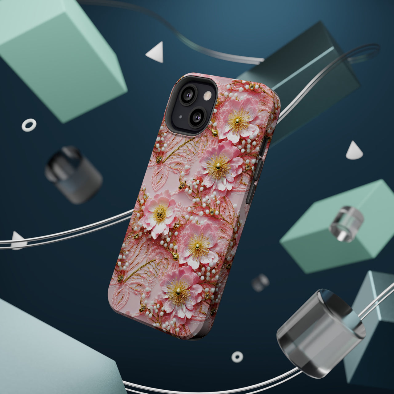 Gold-Kissed Flowers on Pink Lace - MagSafe Tough Cases for iPhone 13, iPhone 13 Mini, iPhone 13 Pro, and iPhone 13 Pro Max.