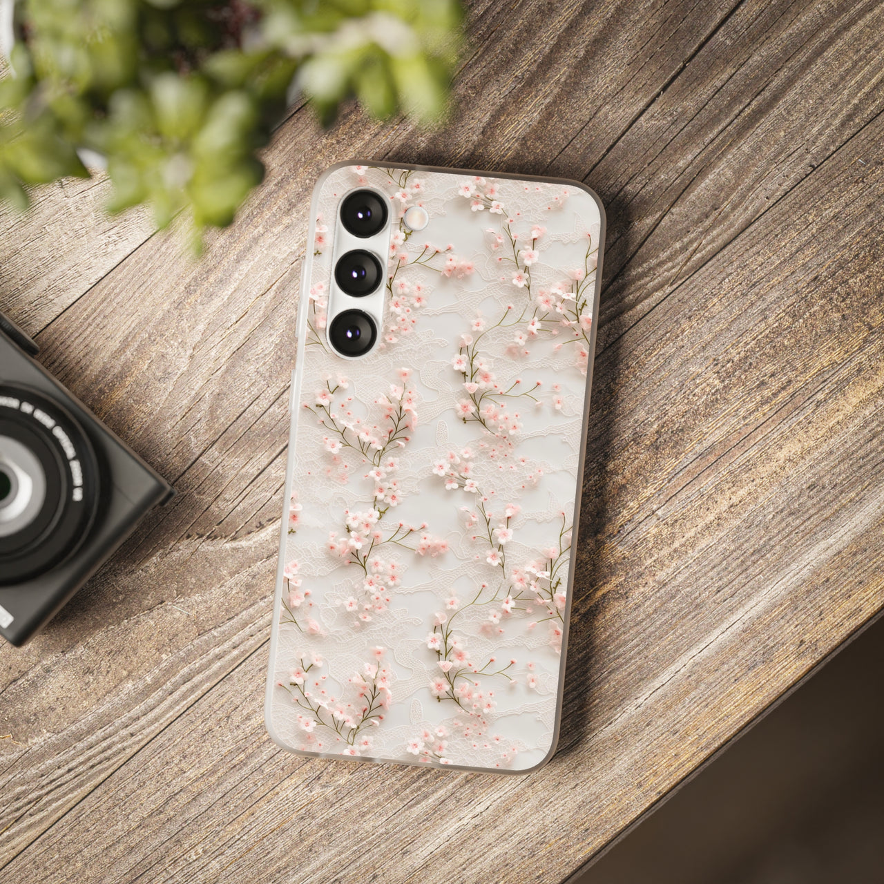 White Lace and Cherry Blossoms - Flexi Cases for Samsung Galaxy S23, Samsung Galaxy S23 Plus, and Samsung Galaxy S23 Ultra