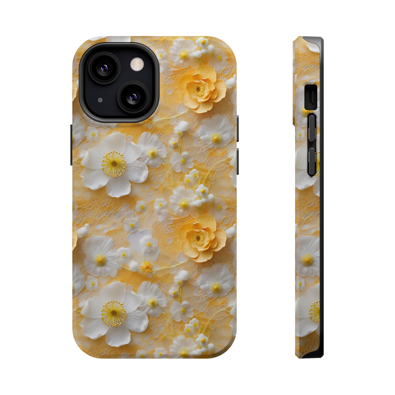 Yellow Floral MagSafe Tough Cases for iPhone 13, iPhone 13 Mini, iPhone 13 Pro, and iPhone 13 Pro Max.