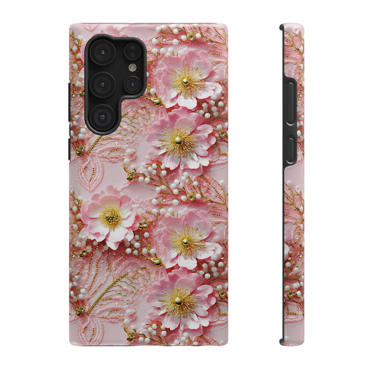 Gold-Kissed Flowers on Pink Lace - Impact-Resistant Case for Samsung Galaxy S22, Samsung Galaxy S22 Plus, and Samsung Galaxy S22 Ultra. Supports Wireless Charging.