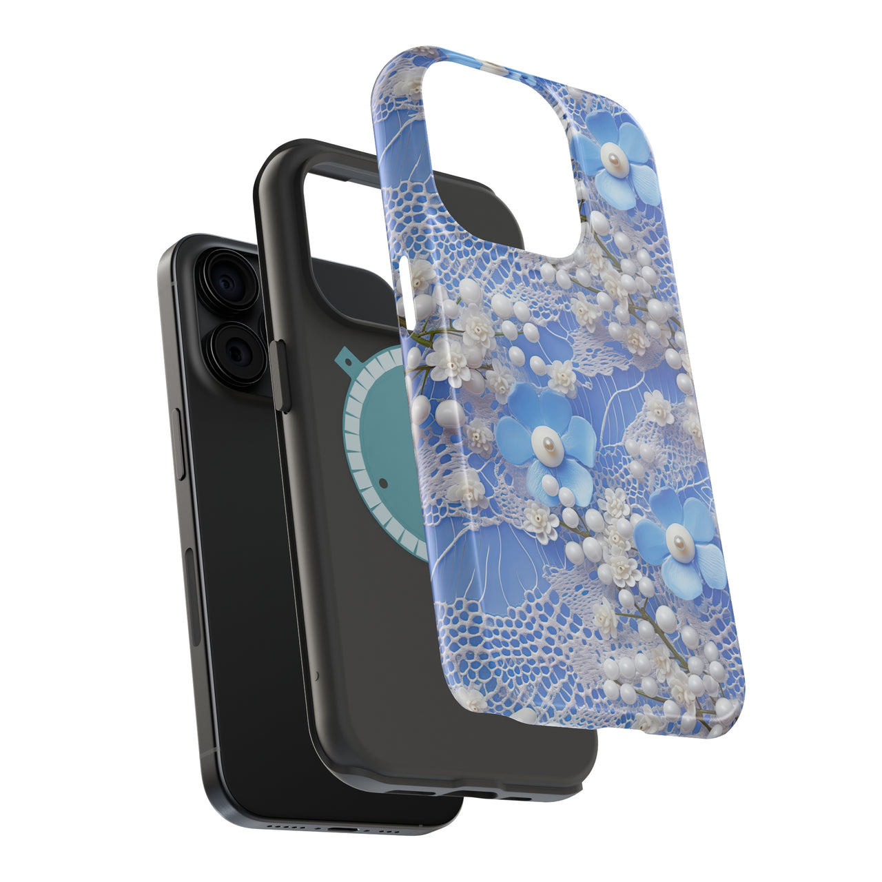 Pearls and Lace on Baby Blue - MagSafe Tough Case for iPhone 15, iPhone 15 Pro, iPhone 15 Plus, & iPhone 15 Pro Max