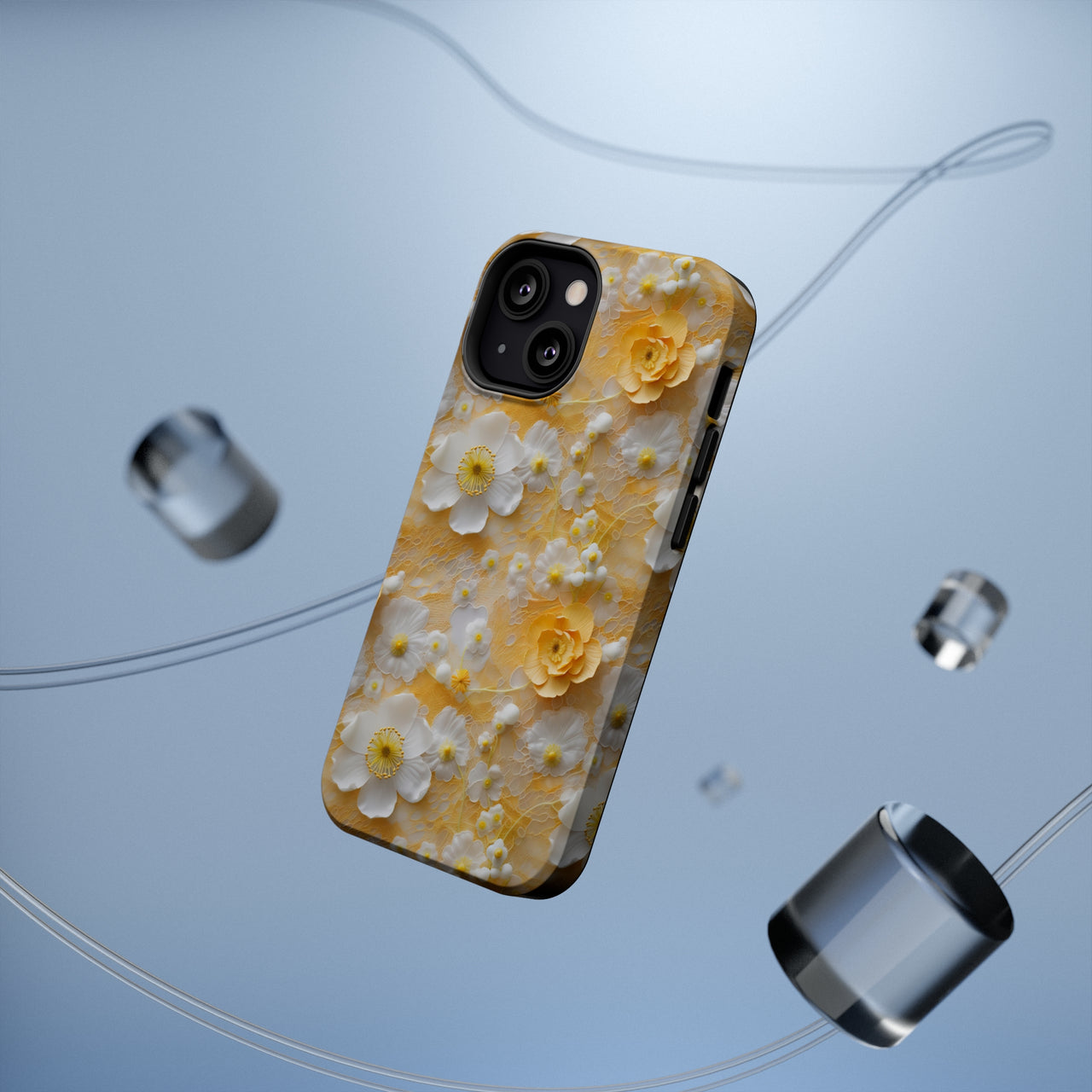 Yellow Floral MagSafe Tough Cases for iPhone 13, iPhone 13 Mini, iPhone 13 Pro, and iPhone 13 Pro Max.