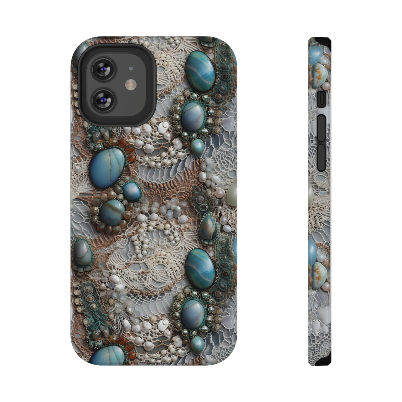 Boho Agate and Lace Impact-Resistant Case for iPhone 12, iPhone 12 Mini, iPhone 12 Pro, and iPhone 12 Pro Max. Supports Wireless Charging.