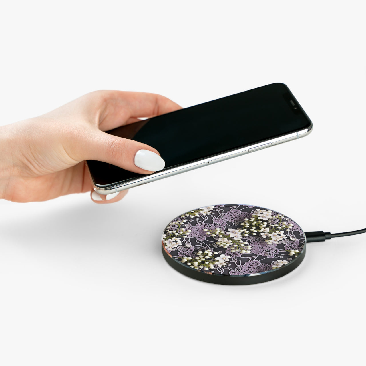 White Flowers on a Purple Bed - Wireless Charger for Qi Enabled Phones