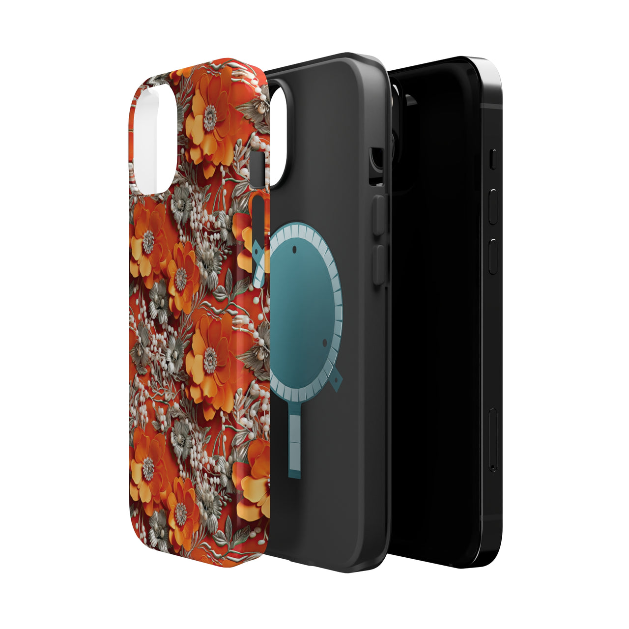 Orange Petals in Silver Tapestry MagSafe Tough Cases for iPhone 14, iPhone 14 Pro, iPhone 14 Plus, and iPhone 14 Pro Max