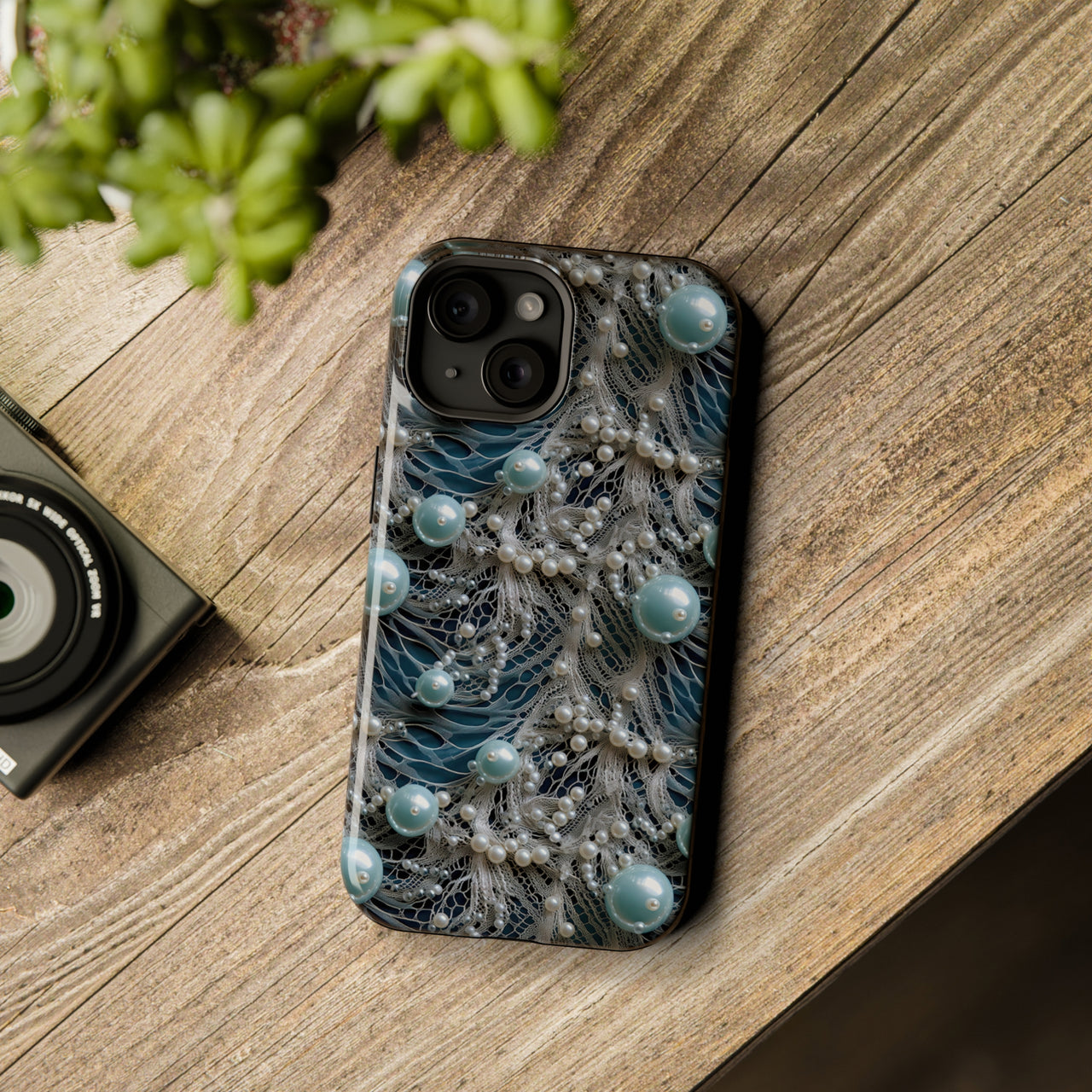 Sea Foam Lace and Pearls - MagSafe Tough Case for iPhone 15, iPhone 15 Pro, iPhone 15 Plus, & iPhone 15 Pro Max