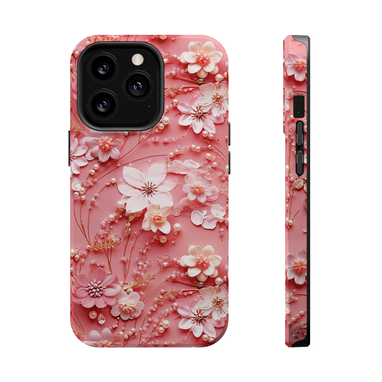 Floral Champagne Toast MagSafe Tough Cases for iPhone 13, iPhone 13 Mini, iPhone 13 Pro, and iPhone 13 Pro Max.