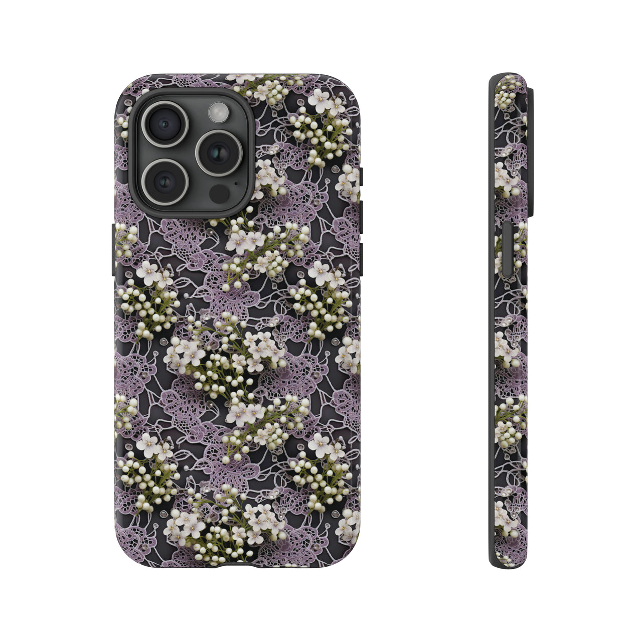 White Flowers on a Purple Bed - Tough Case for iPhone 15, iPhone 15 Pro, iPhone 15 Plus, and iPhone 15 Pro Max