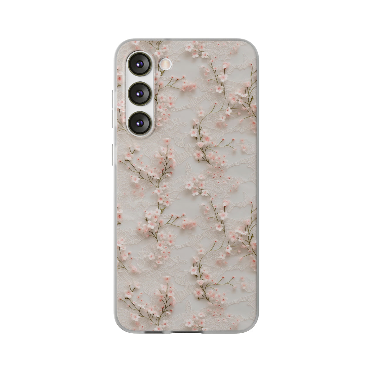 White Lace and Cherry Blossoms - Flexi Cases for Samsung Galaxy S23, Samsung Galaxy S23 Plus, and Samsung Galaxy S23 Ultra