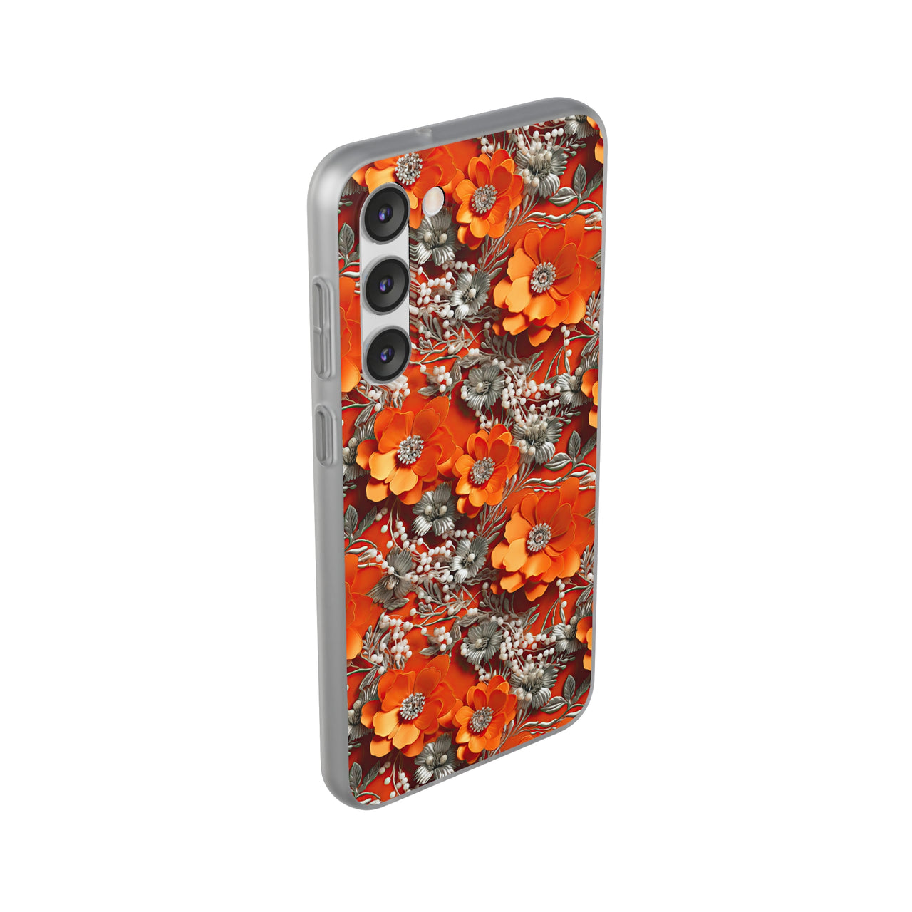 Orange Petals in Silver Tapestry - Flexi Cases for Samsung Galaxy S23, Samsung Galaxy S23 Plus, and Samsung Galaxy S23 Ultra