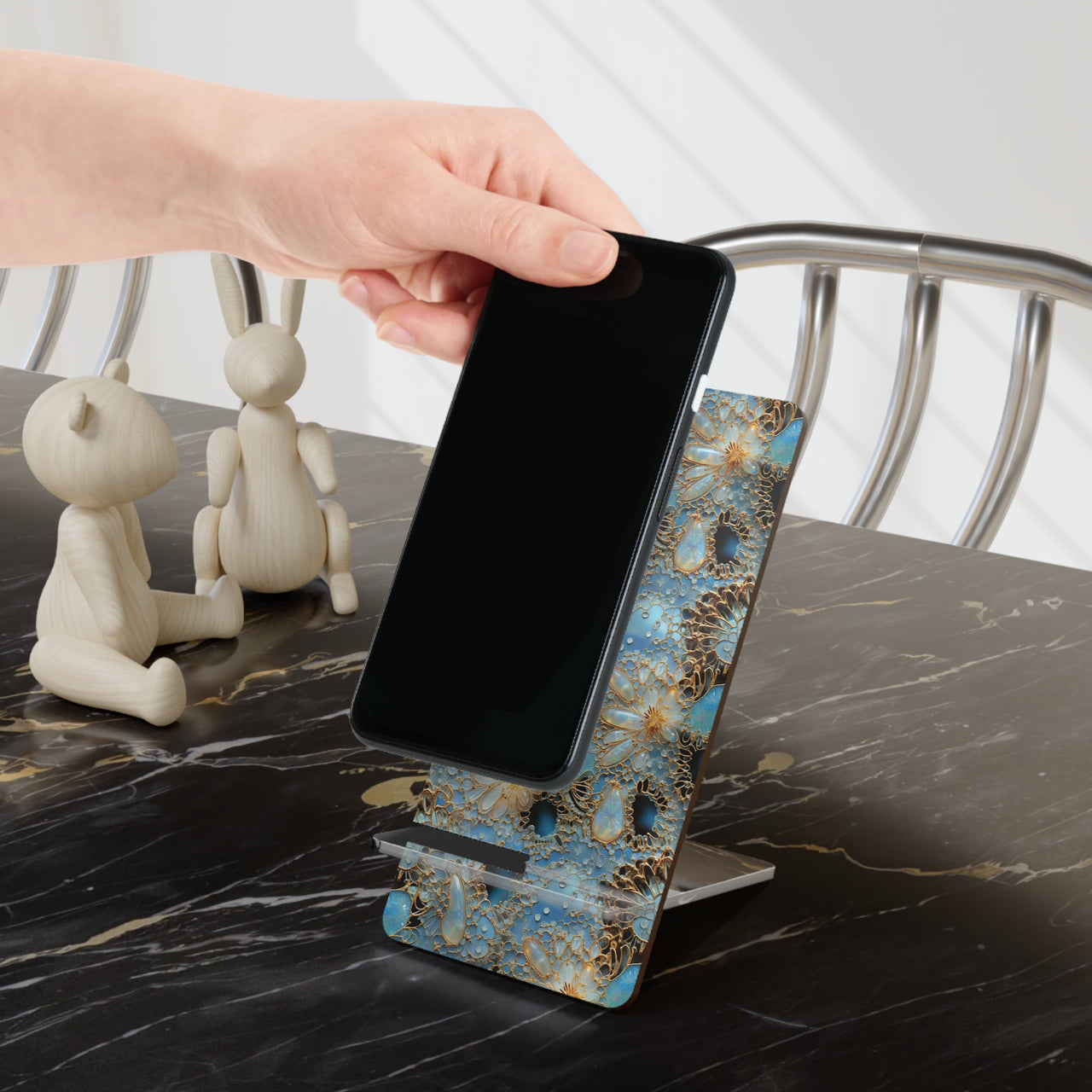 Turquoise Gemstones and Opals on Gold Cord Mobile Display Stand for Smartphones