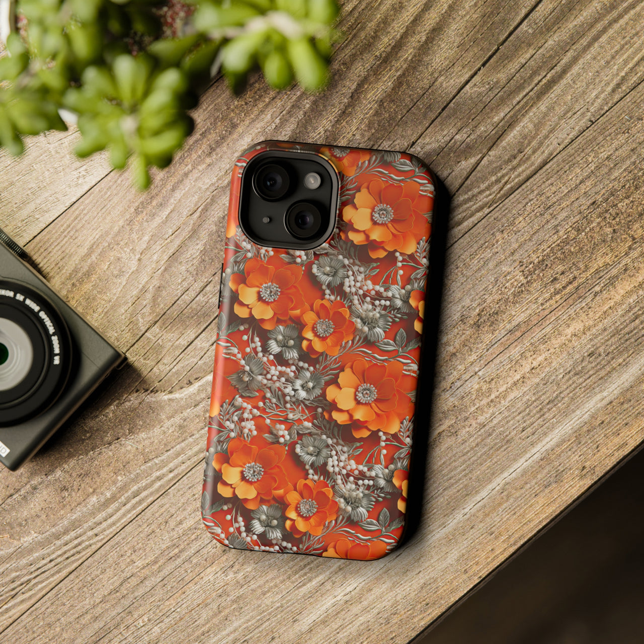 Orange Petals in Silver Tapestry - MagSafe Tough Case for iPhone 15, iPhone 15 Pro, iPhone 15 Plus, & iPhone 15 Pro Max