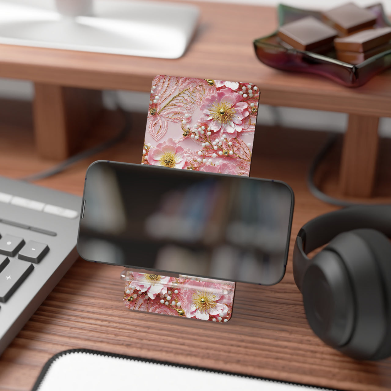 Gold-Kissed Flowers on Pink Lace - Mobile Display Stand for Smartphones