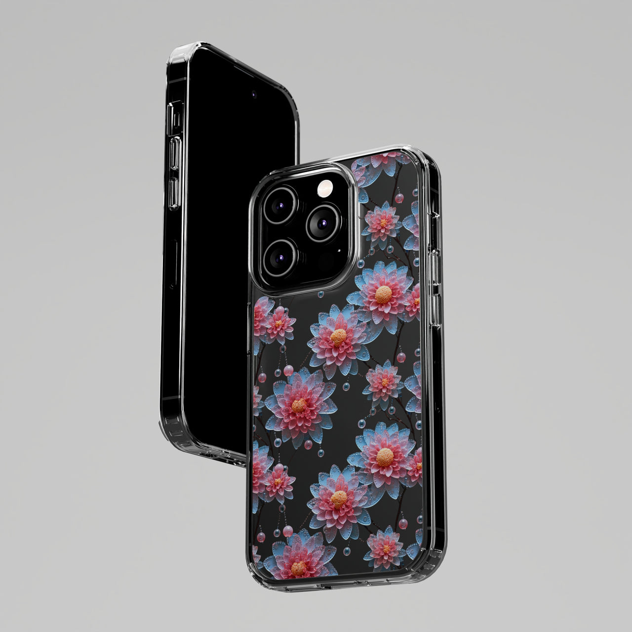 *Clear Case* Pink and Blue Glass Flowers - iPhone 14, iPhone 14 Pro, iPhone 14 Plus, iPhone 14 Pro Max - Supports Wireless Charging