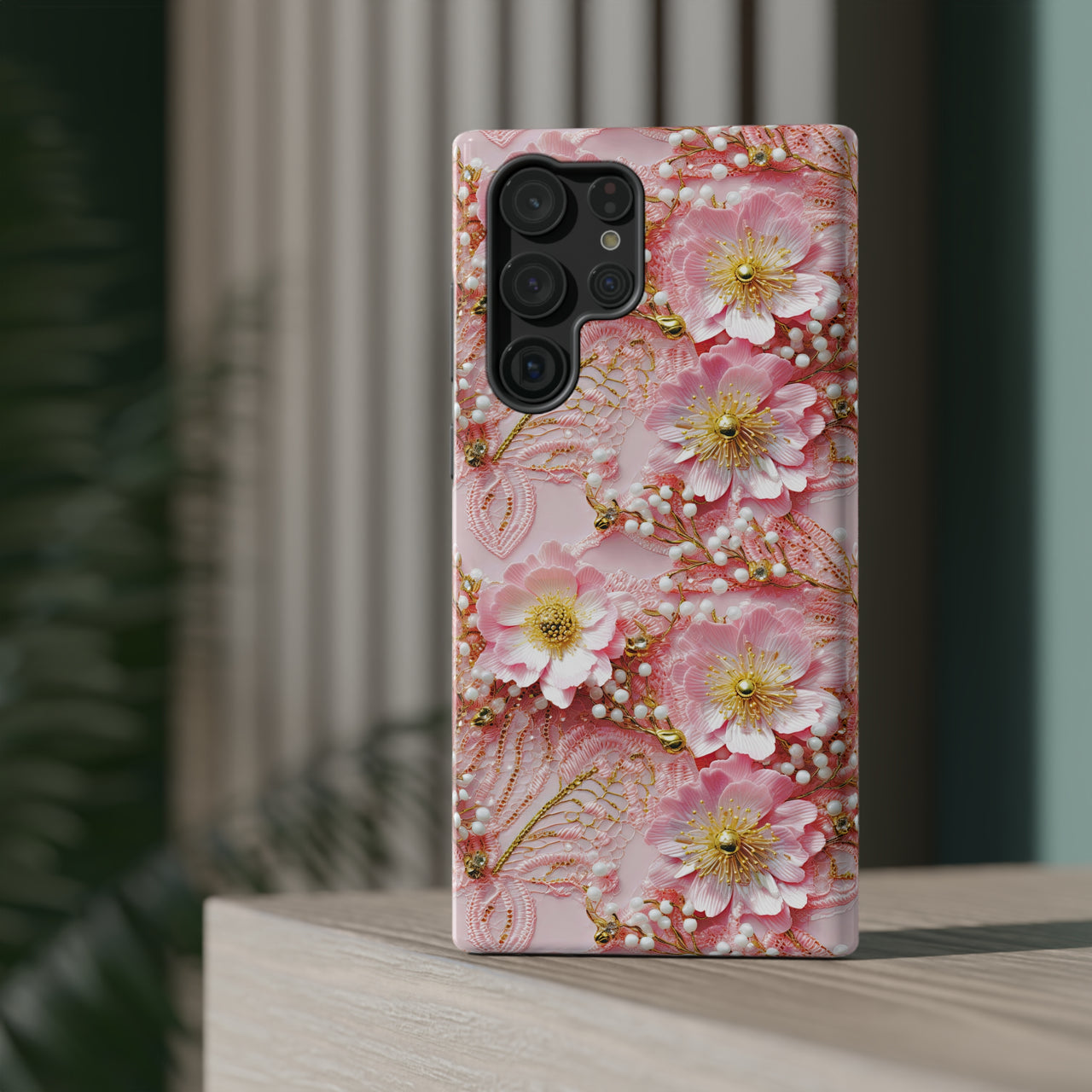 Gold-Kissed Flowers on Pink Lace - Impact-Resistant Case for Samsung Galaxy S22, Samsung Galaxy S22 Plus, and Samsung Galaxy S22 Ultra. Supports Wireless Charging.