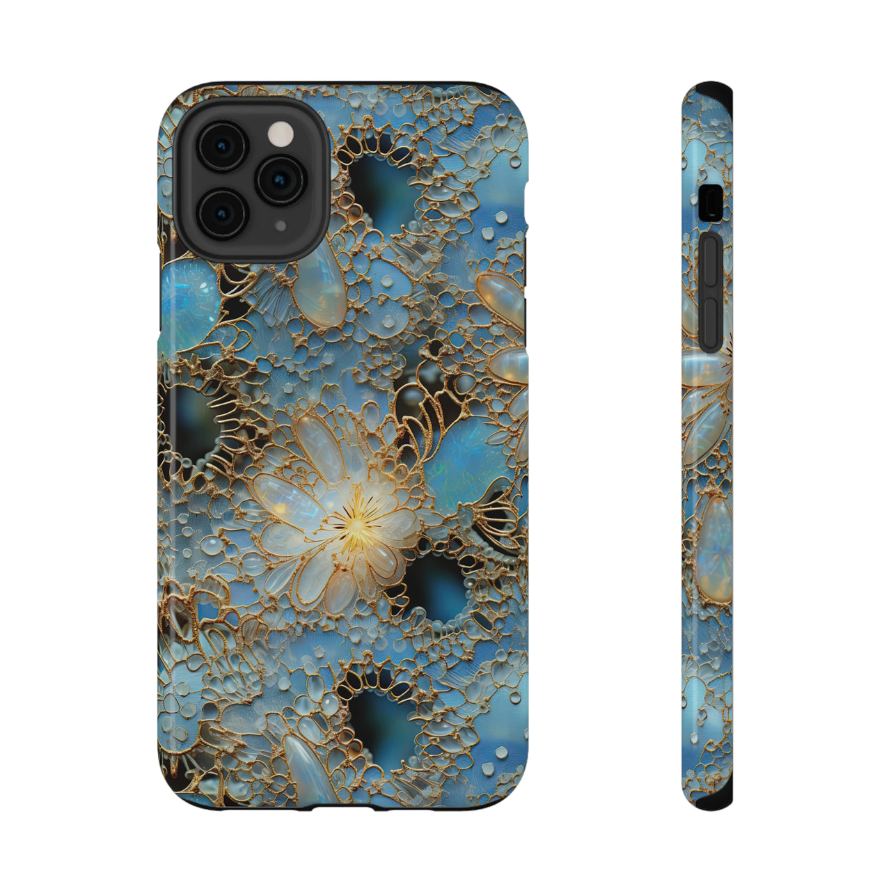 Gemstones and Gold Lace Impact-Resistant Cases for iPhone 11, iPhone 11 Pro, and iPhone 11 Pro Max. Supports Wireless Charging.