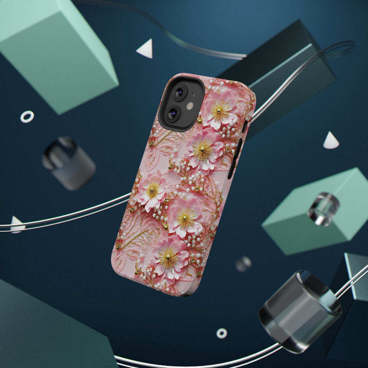 Gold-Kissed Flowers on Pink Lace - Impact-Resistant Case for iPhone 12, iPhone 12 Mini, iPhone 12 Pro, and iPhone 12 Pro Max. Supports Wireless Charging.