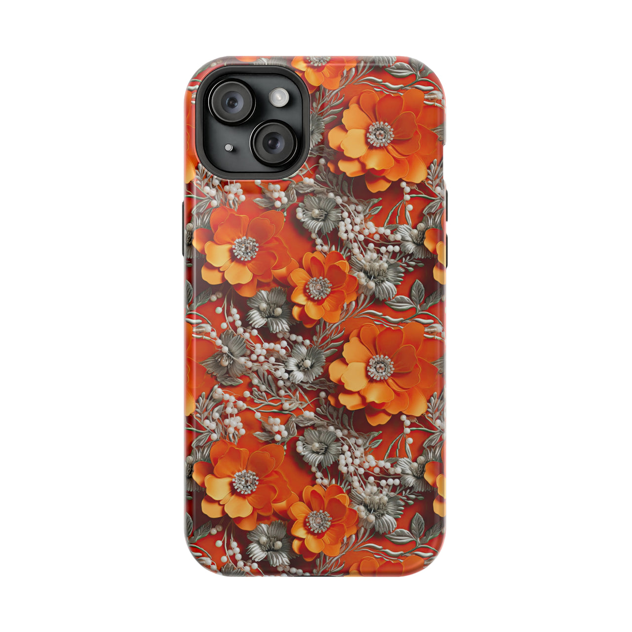 Orange Petals in Silver Tapestry - MagSafe Tough Case for iPhone 15, iPhone 15 Pro, iPhone 15 Plus, & iPhone 15 Pro Max