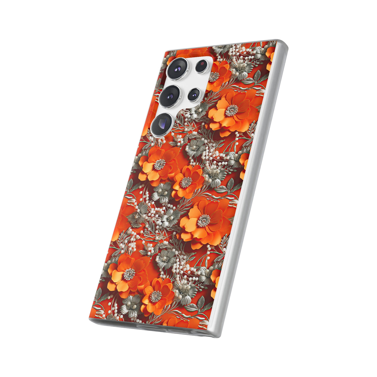 Orange Petals in Silver Tapestry - Flexi Cases for Samsung Galaxy S23, Samsung Galaxy S23 Plus, and Samsung Galaxy S23 Ultra