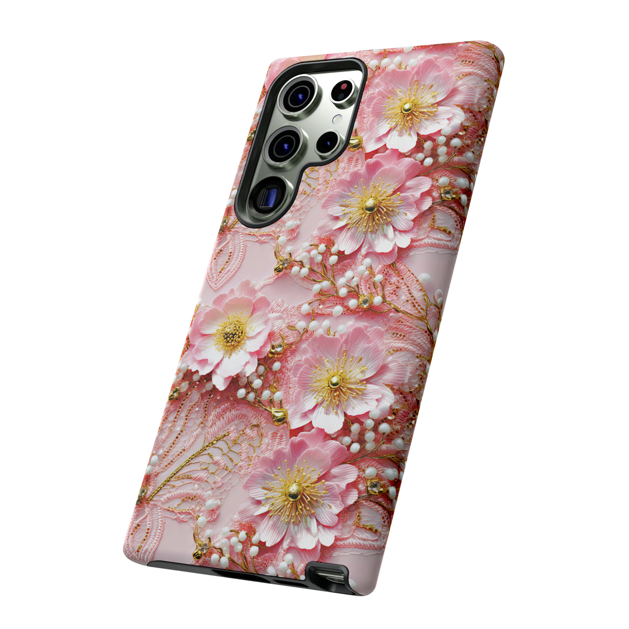 Gold-Kissed Flowers on Pink Lace - Tough Case for Samsung Galaxy S23, Samsung Galaxy S23 Plus, and Samsung Galaxy S23 Ultra