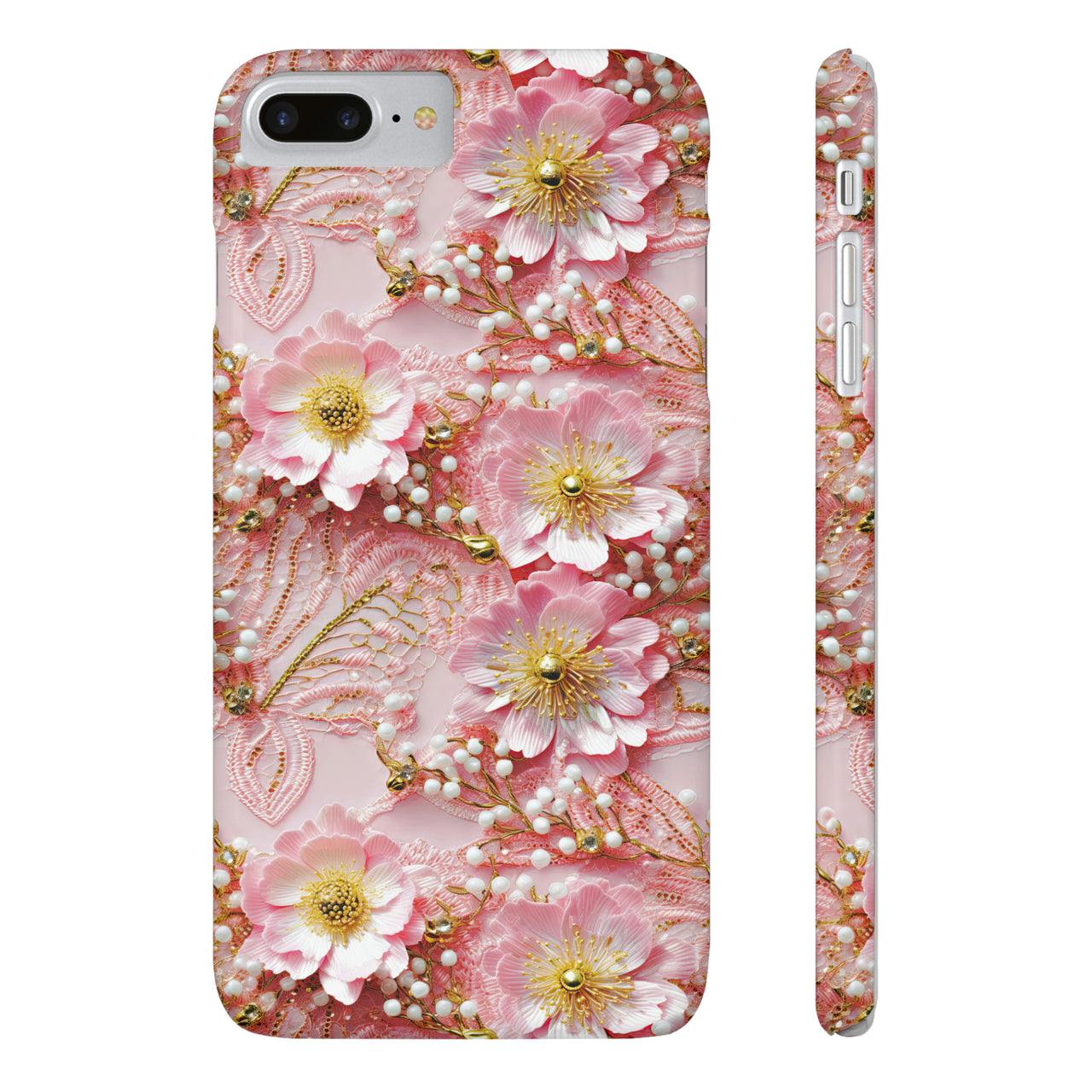 Gold-Kissed Flowers on Pink Lace - Slim Phone Cases for iPhone 8 and iPhone 8 Plus (Also fits iPhone 7 and 7 Plus)