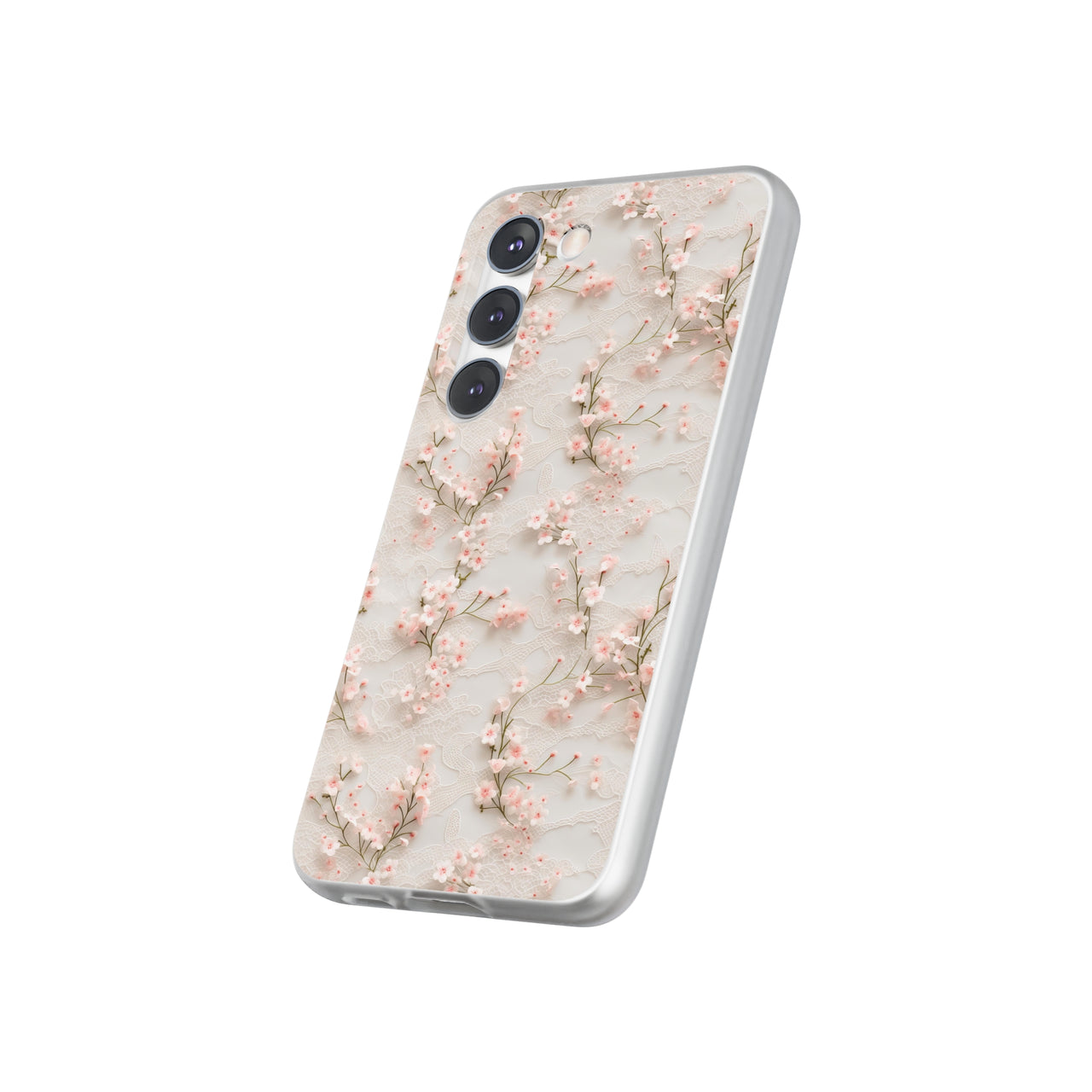 White Lace and Cherry Blossoms - Flexi Cases for Samsung Galaxy S23, Samsung Galaxy S23 Plus, and Samsung Galaxy S23 Ultra