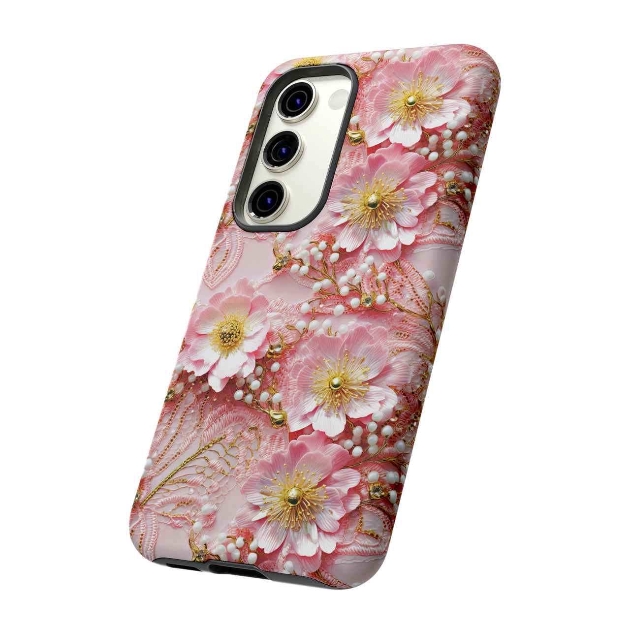 Gold-Kissed Flowers on Pink Lace - Tough Case for Samsung Galaxy S23, Samsung Galaxy S23 Plus, and Samsung Galaxy S23 Ultra