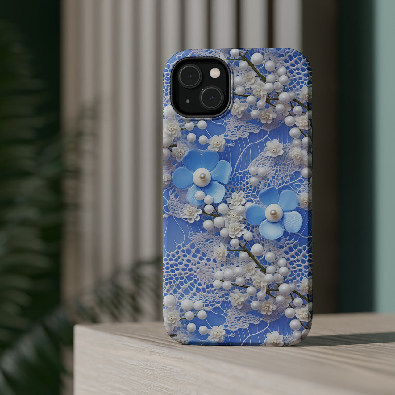 Pearls and Lace on Baby Blue - MagSafe Tough Cases for iPhone 14, iPhone 14 Pro, iPhone 14 Plus, and iPhone 14 Pro Max